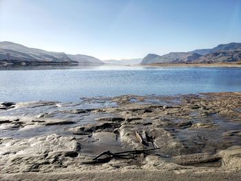 Scenic view of lake against clear sky