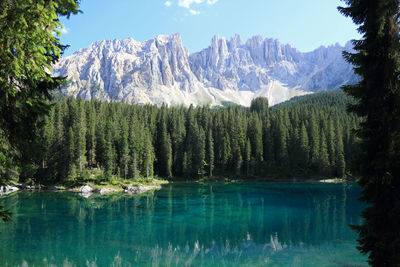 Scenic view of lake by mountains against sky