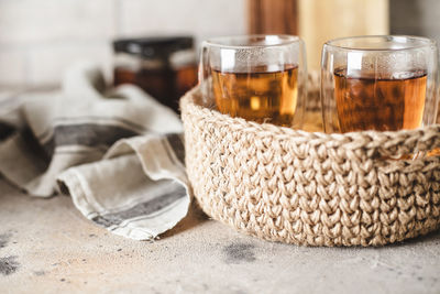 Close-up of beer glass on table