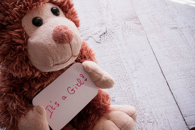 Close-up of text on teddy bear over table