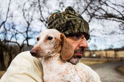 Close-up of dog sitting on bare tree