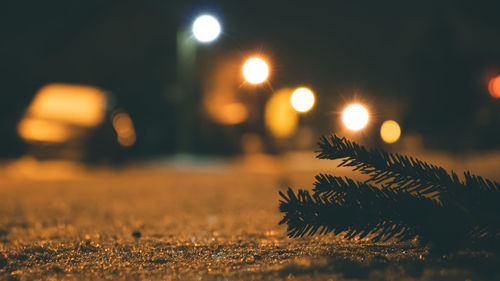 Close-up of illuminated street lights at night