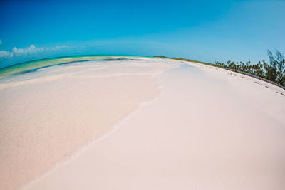 Scenic view of beach against blue sky