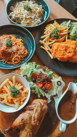 High angle view of food served on table