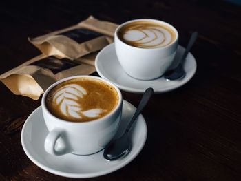 High angle view of coffee on table