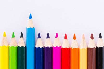 Close-up of colored pencils against white background