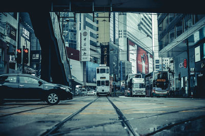 View of city street and buildings