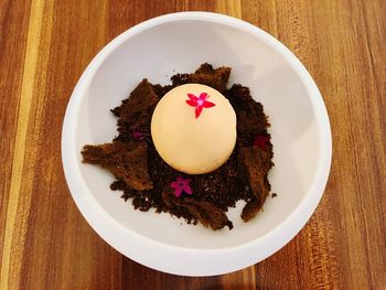 High angle view of dessert served on table