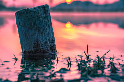 Close-up of wooden posts in lake against sky at sunset
