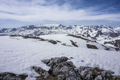 Scenic view of snow covered mountain against sky