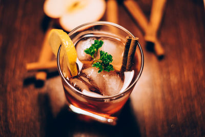 High angle view of drink on table