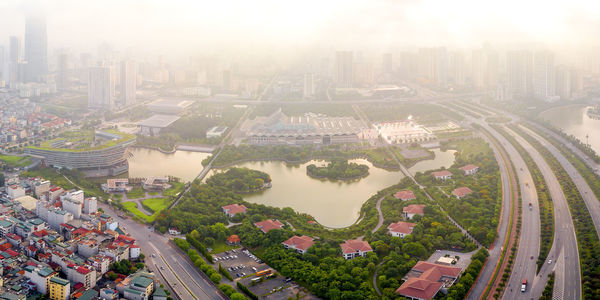 High angle view of city buildings