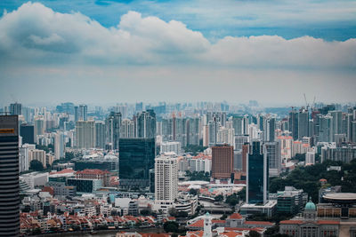 Aerial view of buildings in city against sky