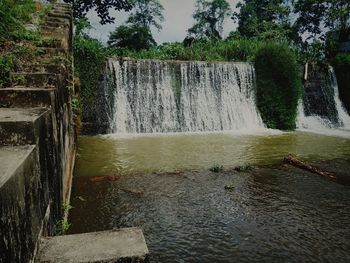 Water splashing in river against trees in forest