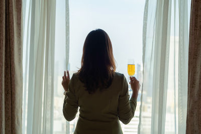 Rear view of woman standing against window