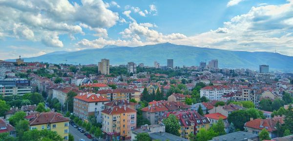High angle shot of townscape against sky