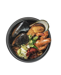 High angle view of food in bowl against white background