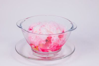 Close-up of ice cream in glass against white background