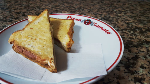 High angle view of cake in plate on table