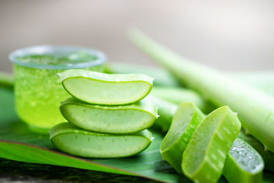 Close-up of green leaves on table