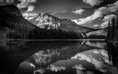 Scenic view of lake by mountains against sky