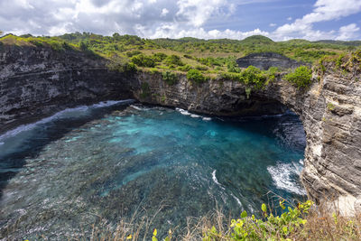 High angle view of water flowing through rocks