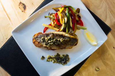 High angle view of food served on table