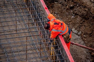 High angle view of man working at construction site