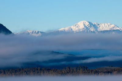 Snowcapped mountain range against sky