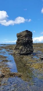 Rock formation on sea shore against sky