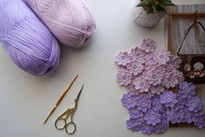 High angle view of purple flowers on table