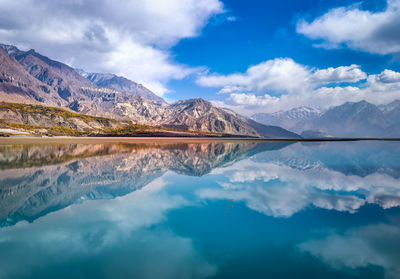 Scenic view of lake and mountains against sky