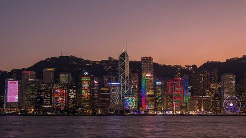 Illuminated modern buildings by river against clear sky at dusk