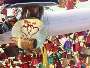 Close-up of love padlocks hanging