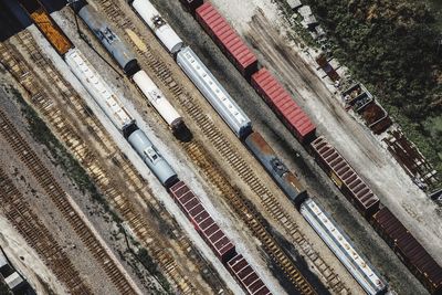 Aerial view of freight trains on tracks