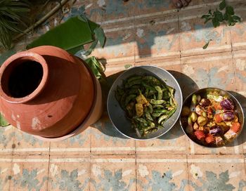 High angle view of vegetables in bowl on table