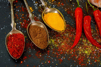 High angle view of spices on table