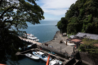 High angle view of boats in lake