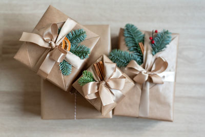 High angle view of gift box on table