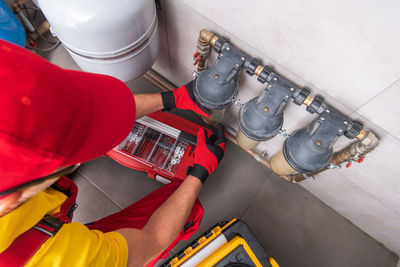 High angle view of man working at construction site