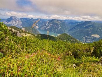 Scenic view of landscape and mountains against sky