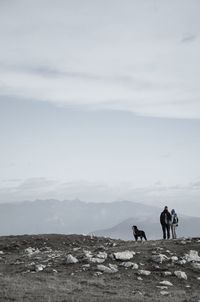 People riding horses on land against sky