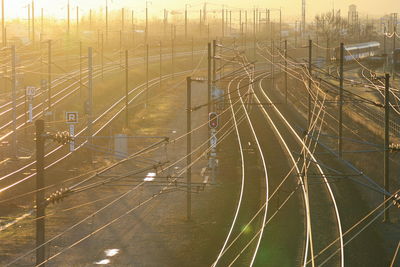 High angle view of railroad tracks during sunset