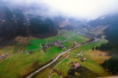 High angle view of field against sky