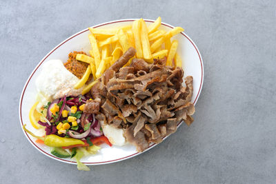 High angle view of food in plate on table