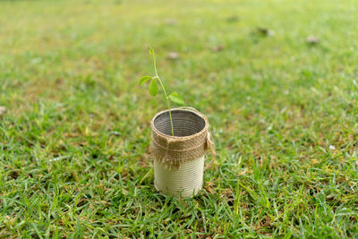 High angle view of wicker basket on field