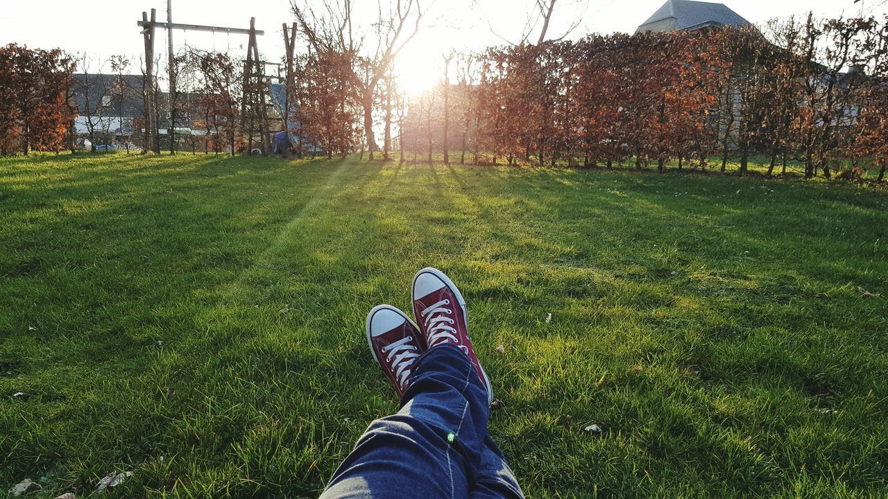 LOW SECTION OF MAN ON GRASSLAND AGAINST TREES