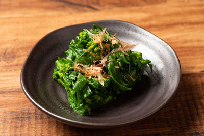 High angle view of salad in bowl on table