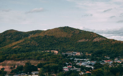 Scenic view of trees and buildings against sky