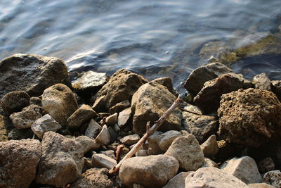 High angle view of stones on beach